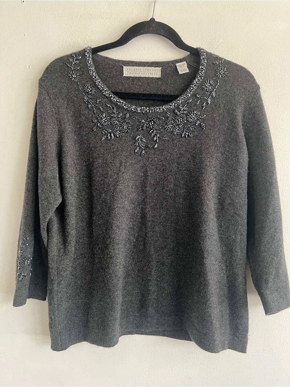 Valerie Stevens Charcoal Gray Embellished Scoop Neck Sweater
